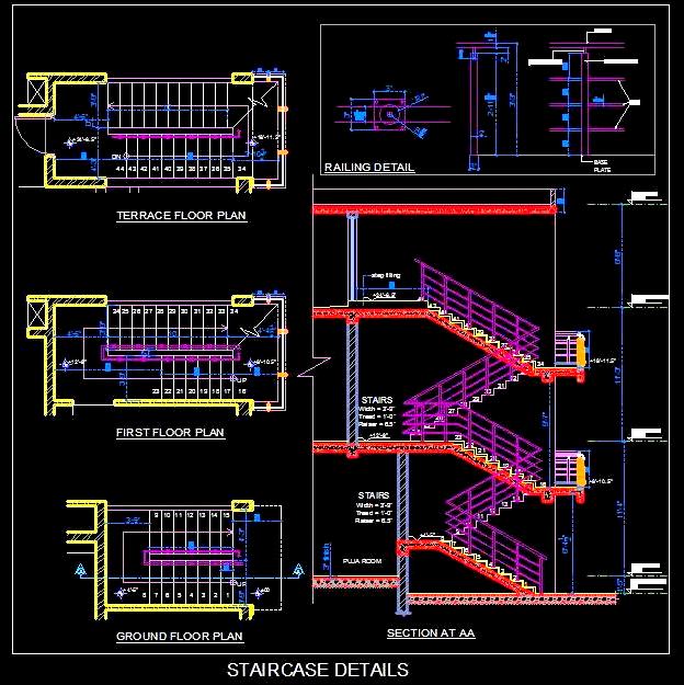 Double Storey Staircase Design with MS Railing in AutoCAD